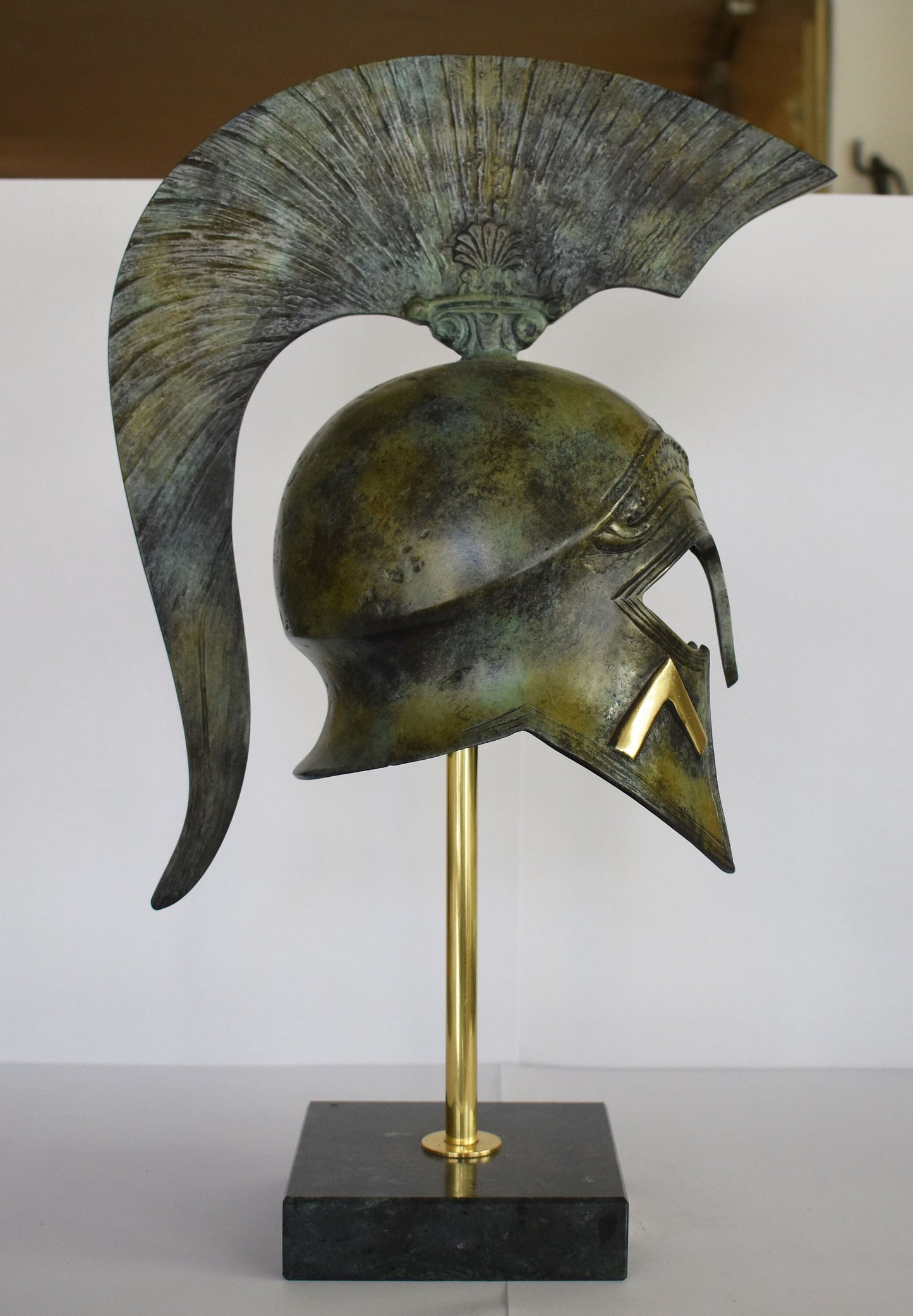 Ancient Greek Spartan Helmet - Λ Symbol - Battle, Fight, War - Marble Base  - Museum Reproduction - Pure Bronze  Statue