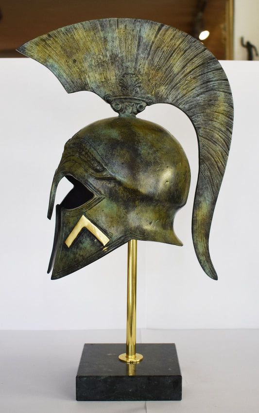 Ancient Greek Spartan Helmet - Λ Symbol - Battle, Fight, War - Marble Base  - Museum Reproduction - Pure Bronze  Statue