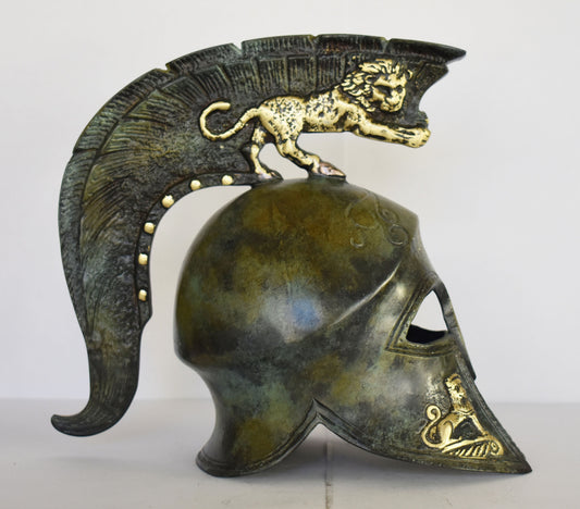 Ancient Greek Spartan Corinthian Helmet - Lion and Sphinx - Pure Bronze Statue