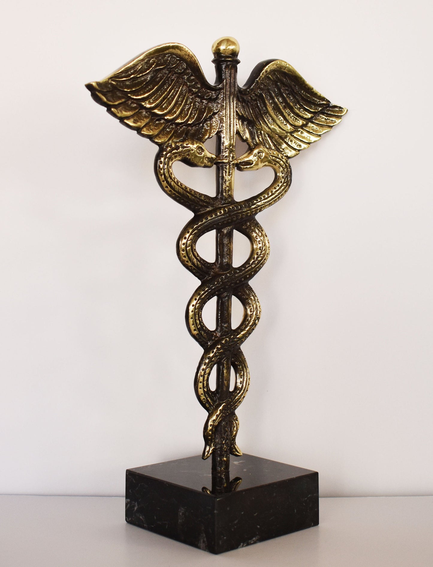 Caduceus - Symbol of God Hermes Mercury - Short Staff entwined by two Serpents, surmounted by Wings - pure bronze  statue