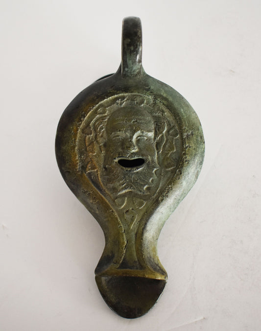 Bronze Oil Lamp - Theater Mask  - Athens, Attica - 500 B.C. - Ancient Greek Reproduction - Pure Bronze Sculpture