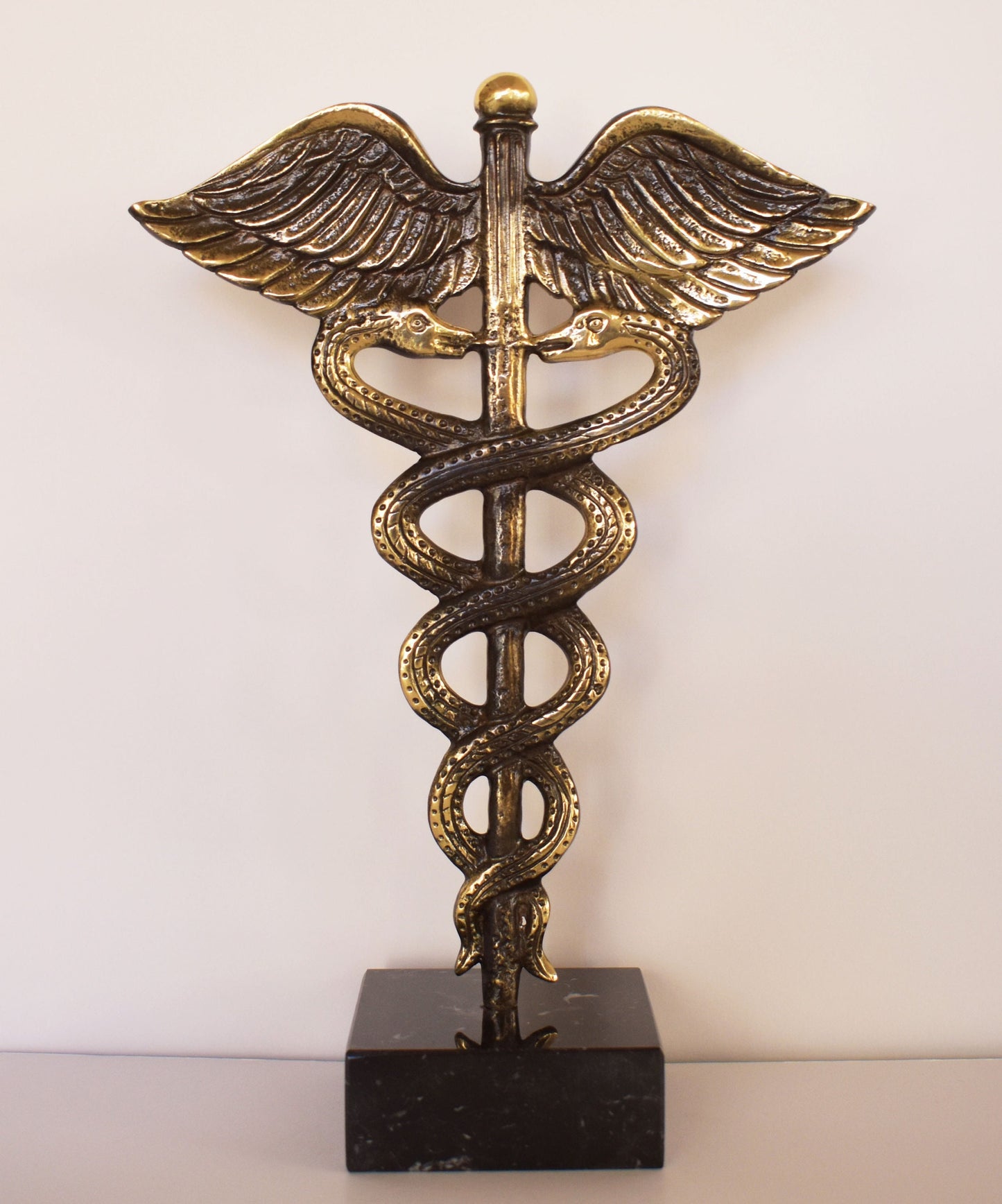 Caduceus - Symbol of God Hermes Mercury - Short Staff entwined by two Serpents, surmounted by Wings - pure bronze  statue