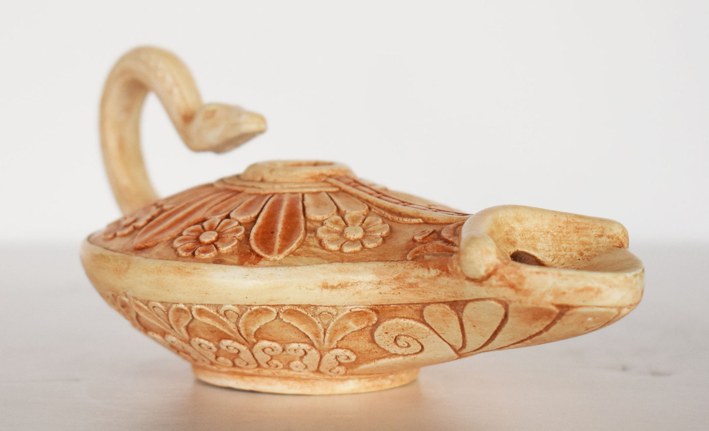 Oil Lamp -  Snake and Floral Design - Museum Reproduction - Ceramic Artifact