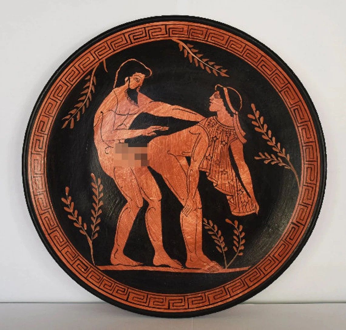 Ancient Erotic Scene - Couple in Love - Athens, 500 BC - Replica of Red Figure Vessel - Ceramic plate - Meander design - Handmade in Greece