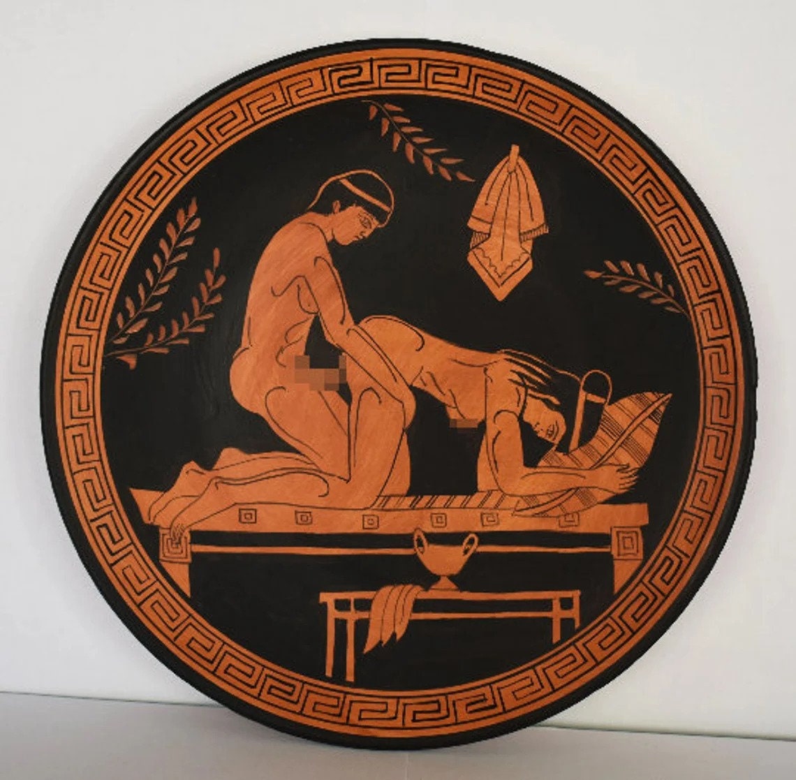 Ancient Erotic Scene - Athens, 500 BC - Representation of Red Figure Vessel - Ceramic plate - Meander design - Handmade in Greece
