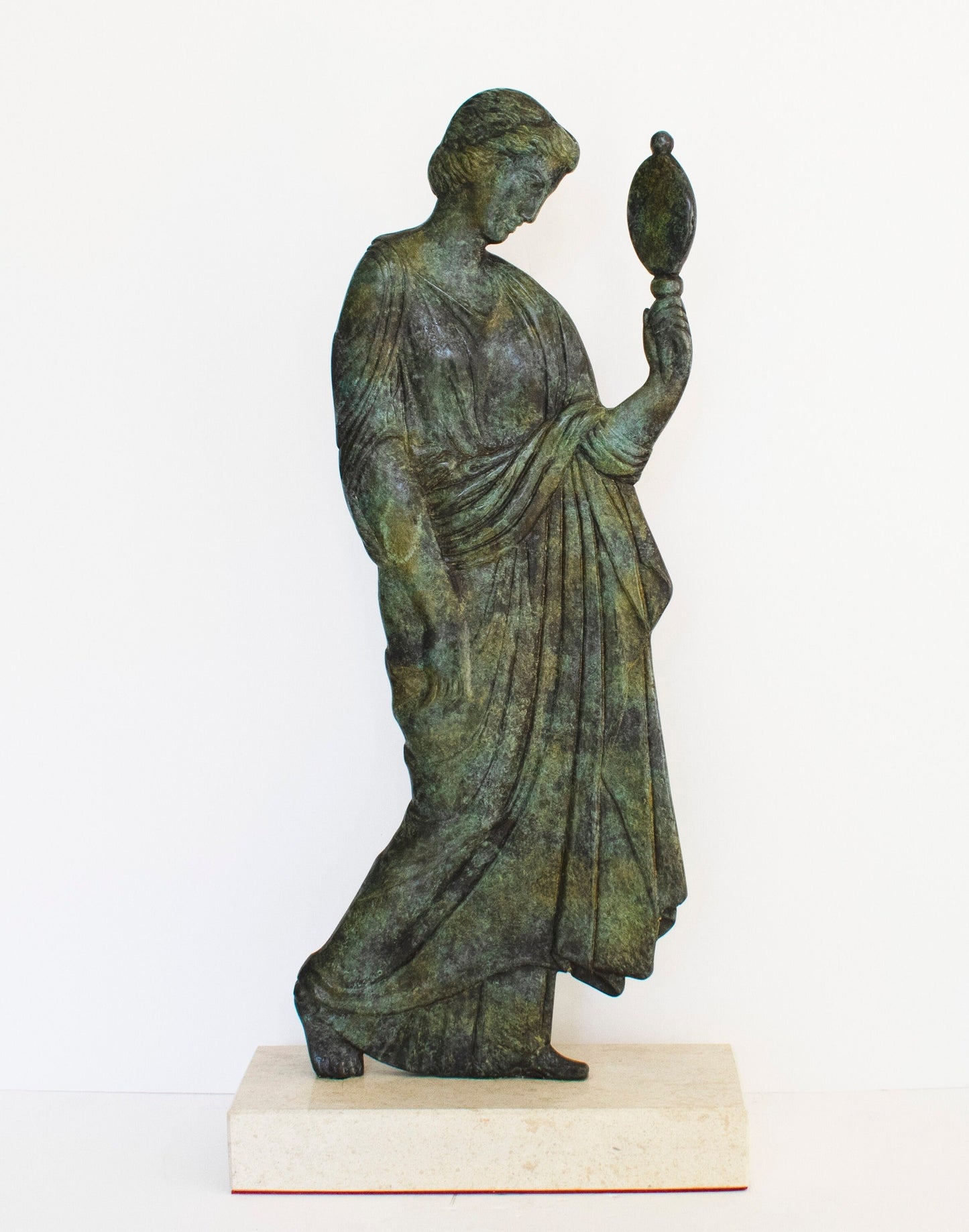 Ancient Greek Woman Holding a Mirror in her hand and looking into it - Marble Base - Pure Bronze Sculpture