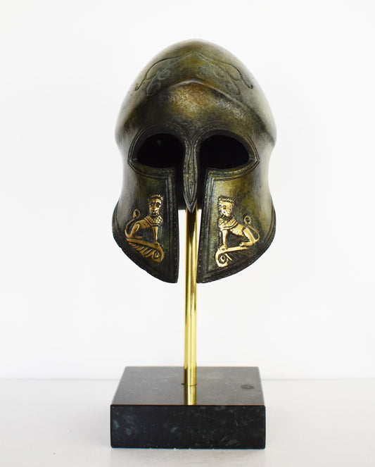 Ancient Greek Spartan Corinthian Helmet with Sphinx - Classic Period - Marble Base  - Museum Reproduction - Pure Bronze Statue