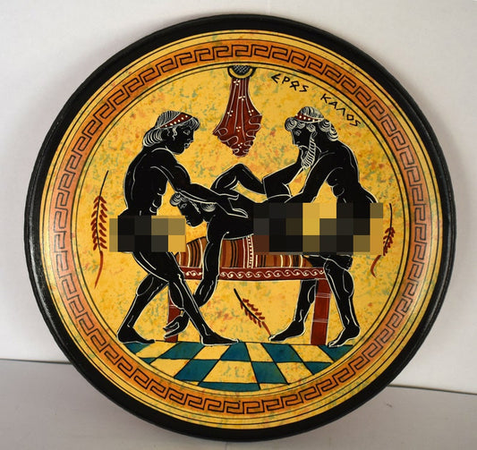 Homoerotic Scene between Three Males  - Athens, 500 BC - Love is shown more in deeds than in words - Ceramic - Handmade in Greece