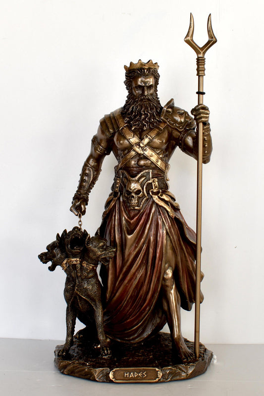 Hades and Cerberus - Greek Roman God of the Dead, King of the Underworld - Three-Headed Dog Guarding the Gates - Cold Cast Bronze Resin