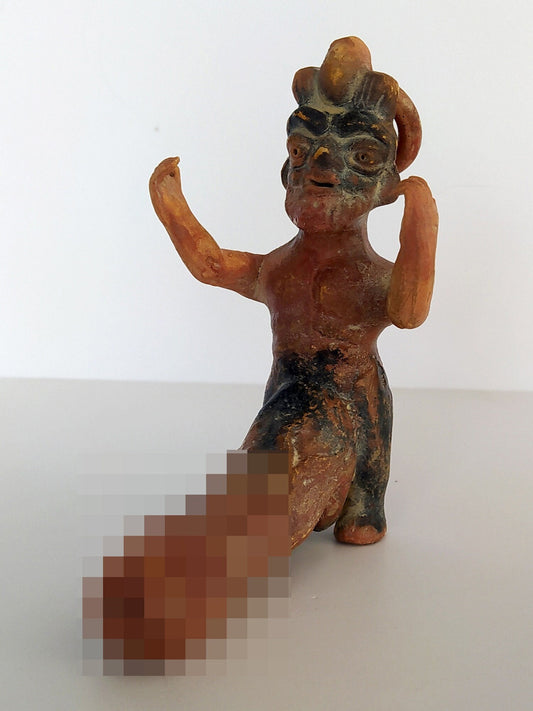 Pottery oil lamp in the shape of a Satyr,  with an enormous phallus - Pompeii, 100 A.D. - Fertility - Museum Reproduction - Ceramic Artifact