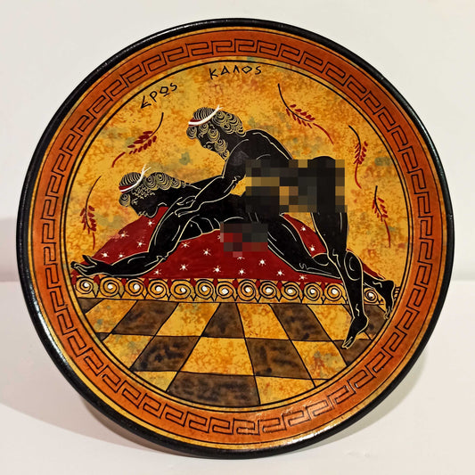 Homoerotic Scene between Two Males  - Athens, 500 BC - Representation of Red Figure Vessel - Ceramic - Meander design - Handmade in Greece