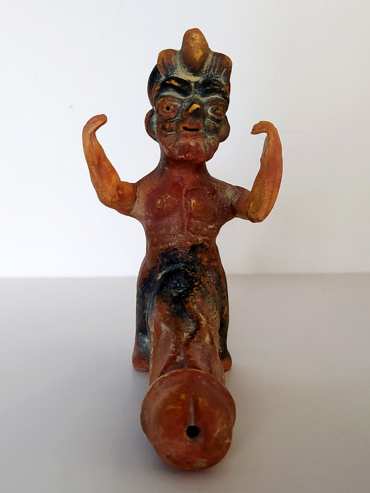 Pottery oil lamp in the shape of a Satyr,  with an enormous phallus - Pompeii, 100 A.D. - Fertility - Museum Reproduction - Ceramic Artifact
