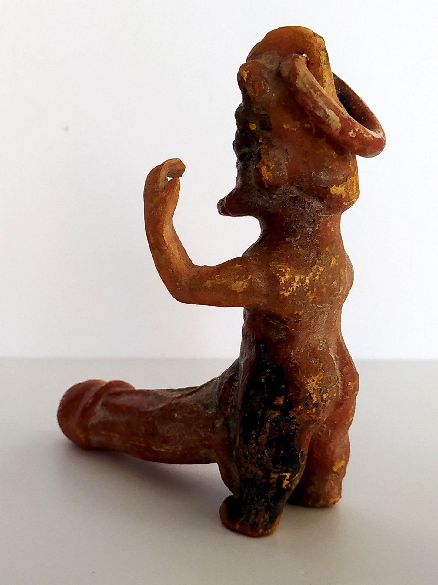 Pottery oil lamp in the shape of a Satyr,  with an enormous phallus - Pompeii, 100 A.D. - Fertility - Museum Reproduction - Ceramic Artifact