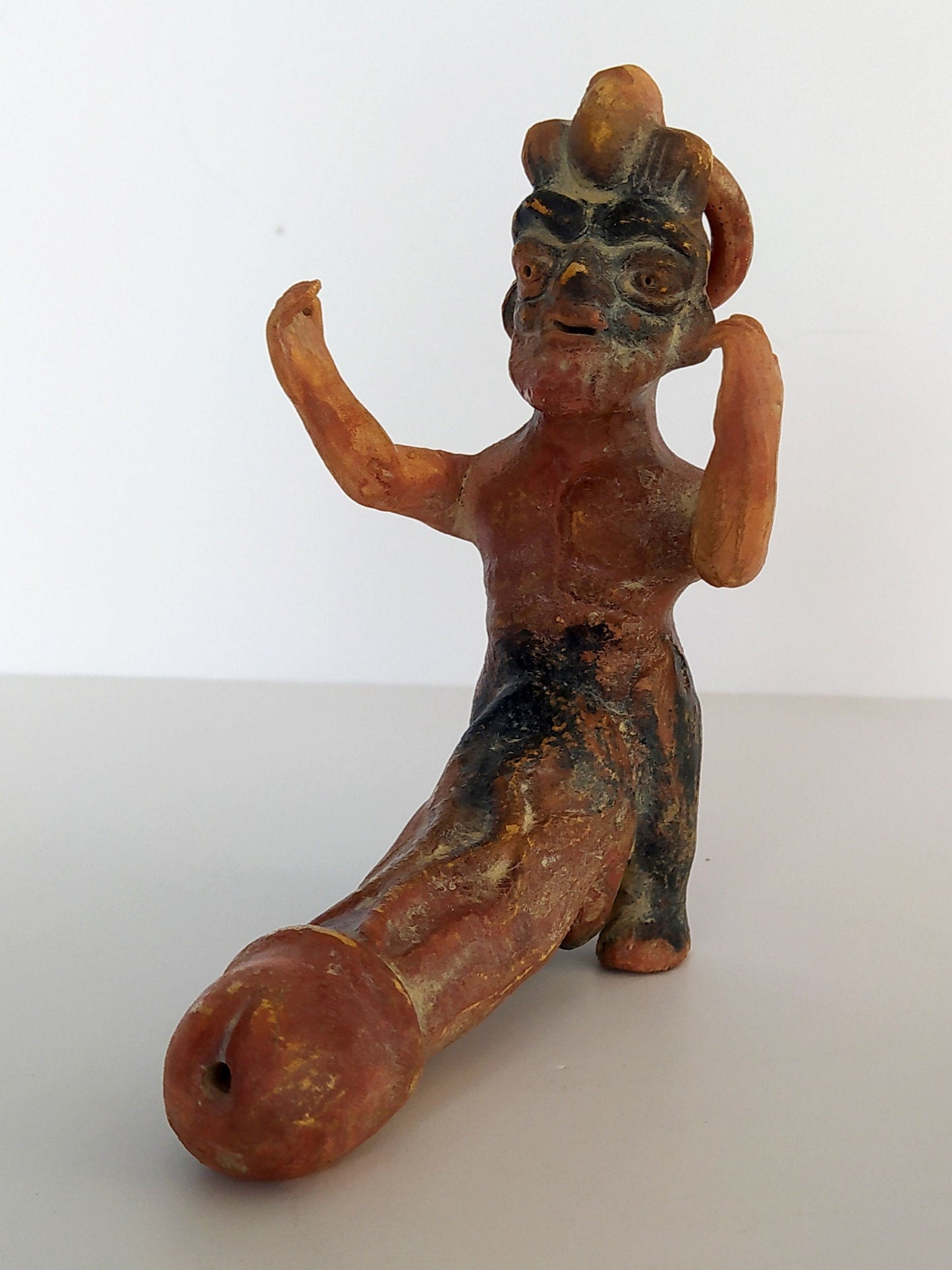 Pottery oil lamp in the shape of a Satyr,  with an enormous phallus - Pompeii, 100 A.D. - Fertility - Museum Reproduction - Ceramic Artifact
