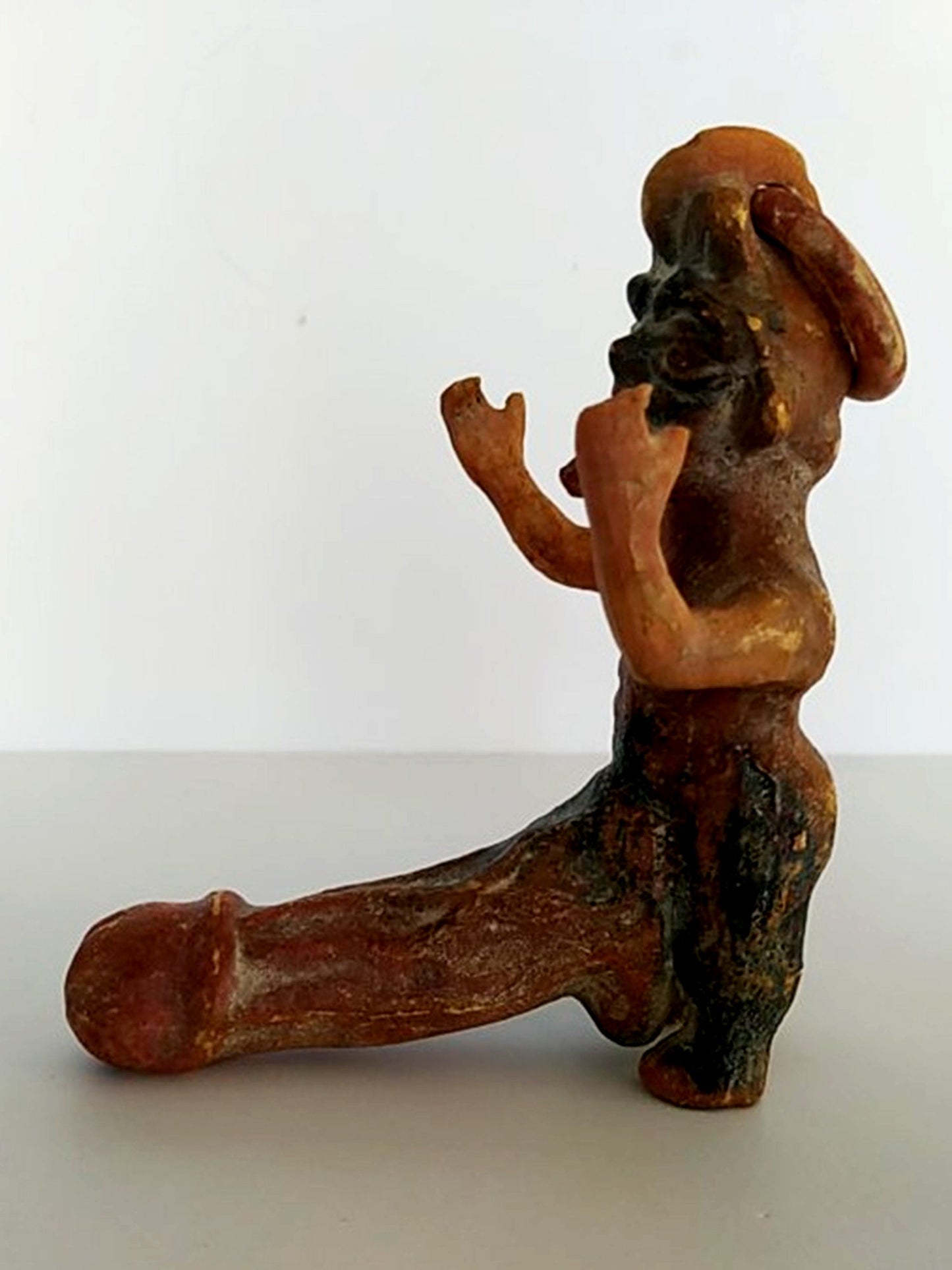 Pottery oil lamp in the shape of a Satyr,  with an enormous phallus - Pompeii, 100 A.D. - Fertility - Museum Reproduction - Ceramic Artifact