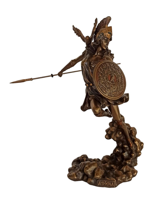 Athena Minerva - Greek Roman goddes of Wisdom, Strength, Strategy, Courage, Inspiration, Arts - Owl Shield - Cold Cast Bronze Resin