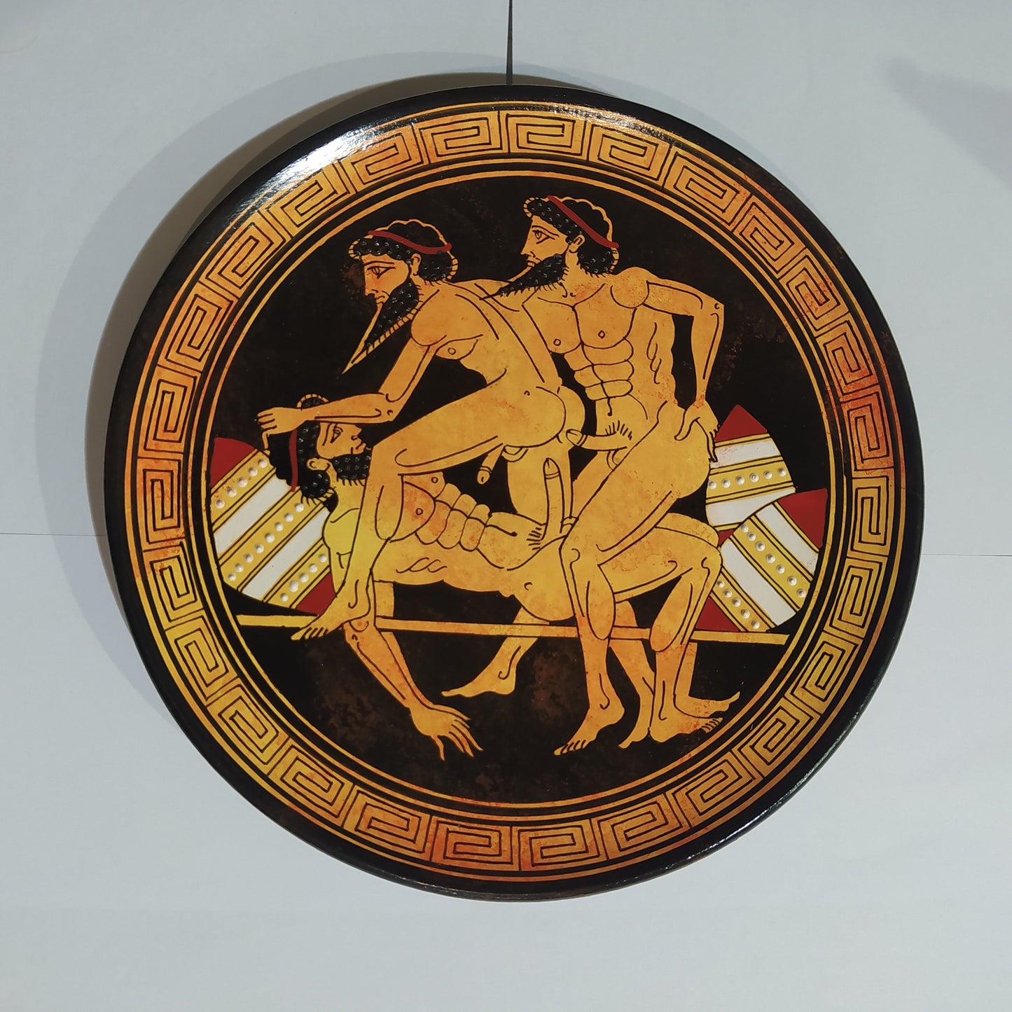 Homoerotic Scene between Three Males  - Athens, 450 BC - Representation of Red Figure Vessel - Ceramic - Meander design - Handmade in Greece