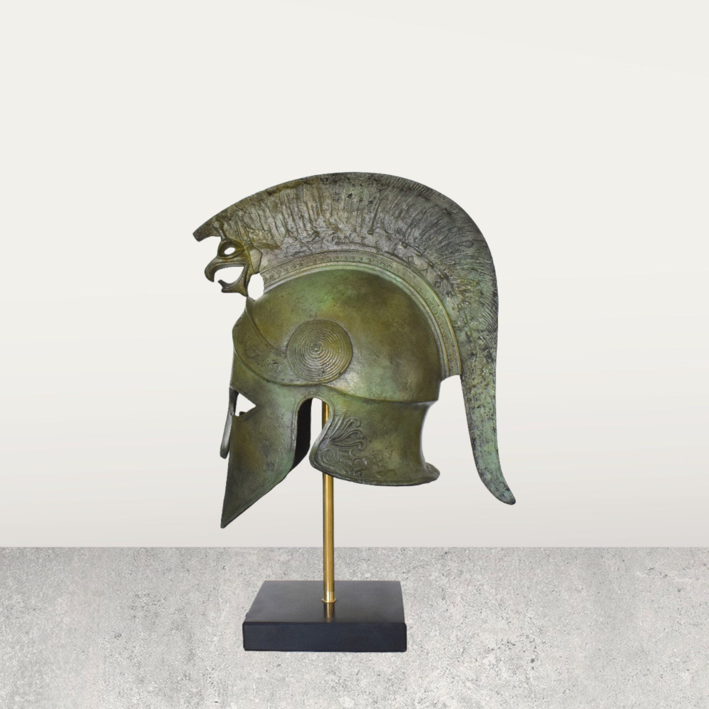 Ancient Greek Spartan Corinthian Helmet - Griffin Motif and marble base  - museum reproduction - pure bronze  statue