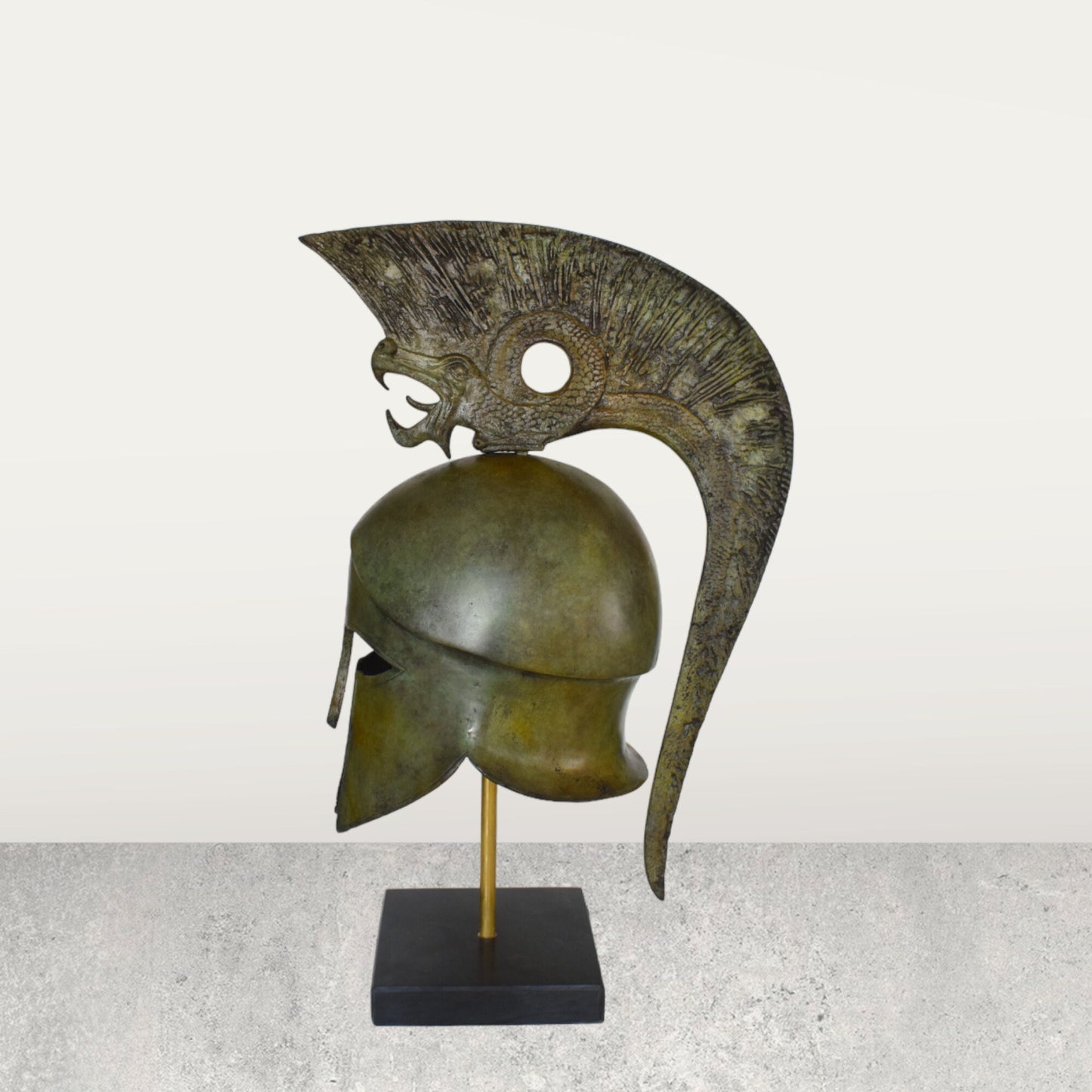 Ancient Greek Athenian Corinthian Helmet with Griffin - Classic Period - Marble Base  - Museum Reproduction - Pure Bronze Statue