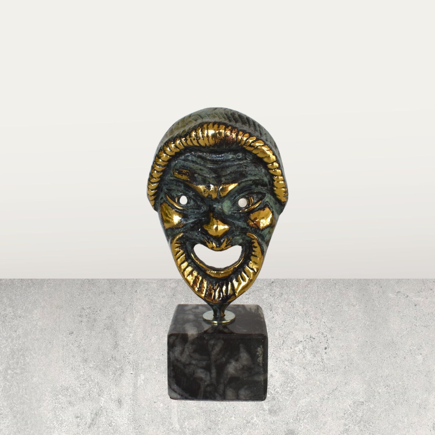 Comedy  Mask - Ancient Greek Theater - Decorative - Marble Base - pure bronze  statue