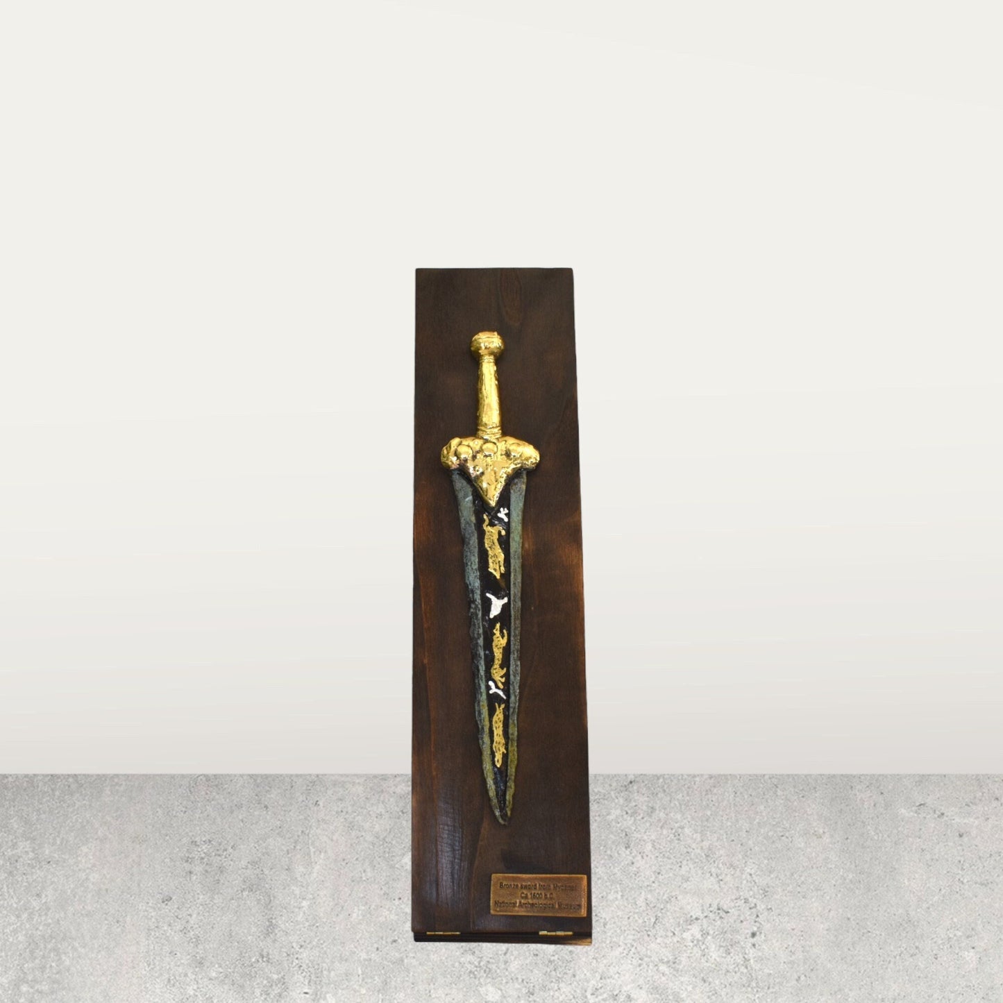 Mycenaean Sword, Xiphos with inlaid lions - Symbols of Strength, Courage, Justice - 1600 BC - Wooden Base -  Replica - pure Bronze Sculpture