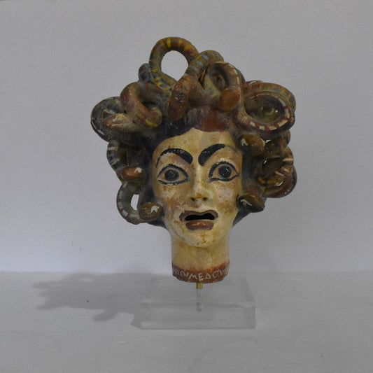 Medusa Head - Snake-Haired Gorgon - Monster - Symbol of natural cycle of birth, death and rebirth - Plexiglass Base - Ceramic Artifact