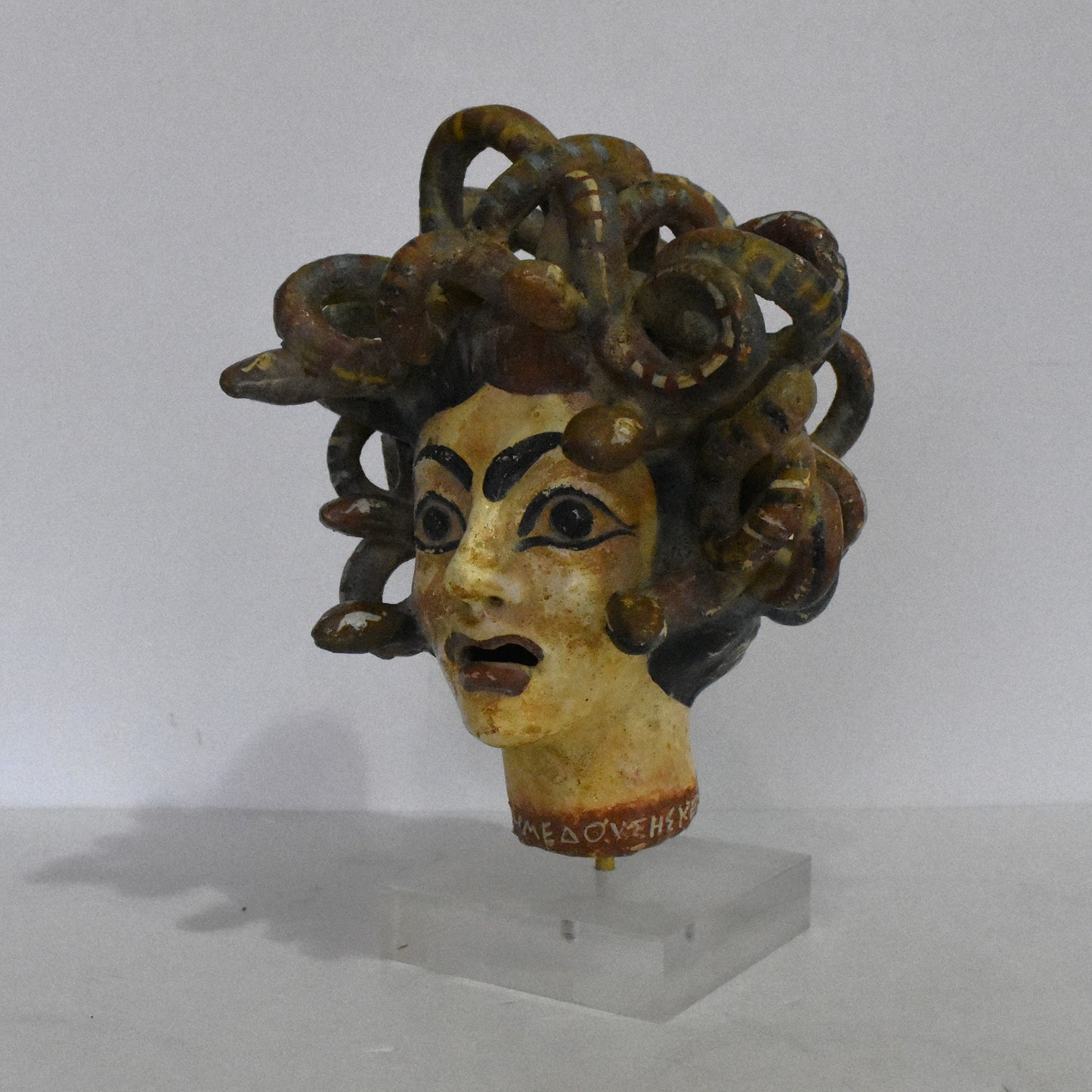 Medusa Head - Snake-Haired Gorgon - Monster - Symbol of natural cycle of birth, death and rebirth - Plexiglass Base - Ceramic Artifact