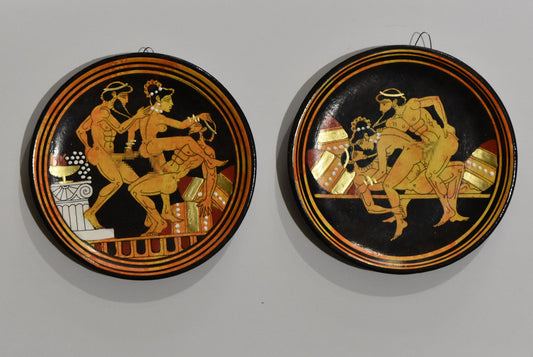 Ancient Erotic Scene - Set of Two - Athens, 450 BC - Representation of Red Figure Vessel - Ceramic plate - Handmade in Greece