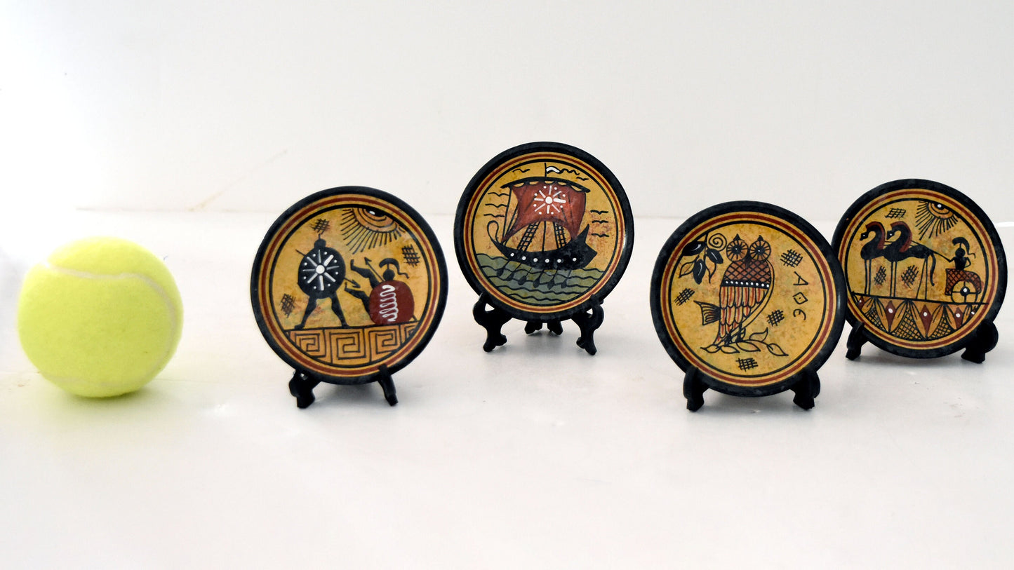 Set of four Plates - Warriors, Trireme, Owl, Chariot - Ancient Greece - Classic Period - Attica - Athens - Desk Miniatures - Ceramic Items