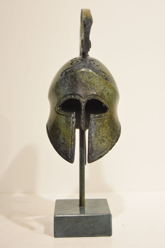 Ancient Greek Spartan Corinthian Helmet - Warrior - Classic Period - Marble Base  - Museum Reproduction - Pure Bronze  Statue