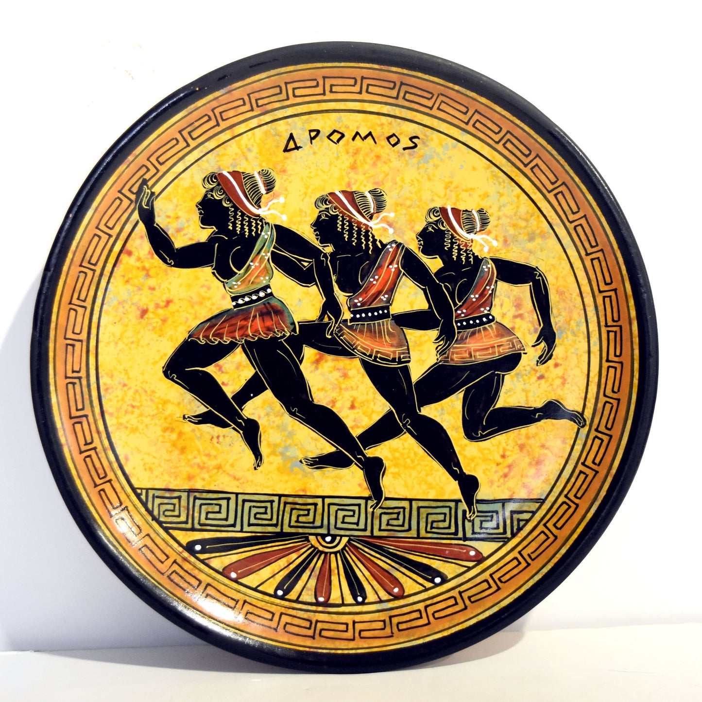 Women Runners in Ancient Heraean Games - Sportswomen - Classic Period - 500 BC - Meander Motif - Ceramic plate - Handmade in Greece